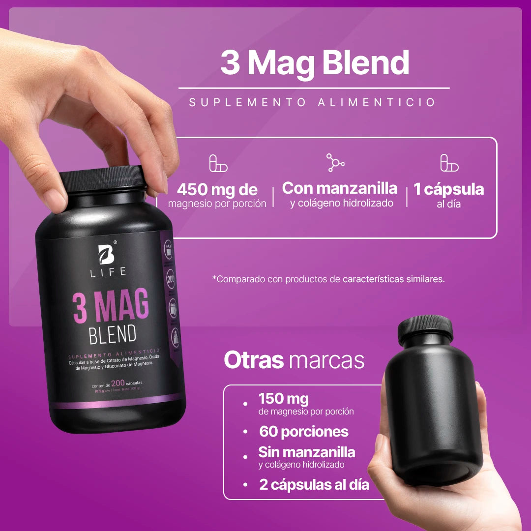 B Life 3 Mag Blend | Mezcla de Citrato, Óxido y Gluconato de Magnesio 200 Capsulas