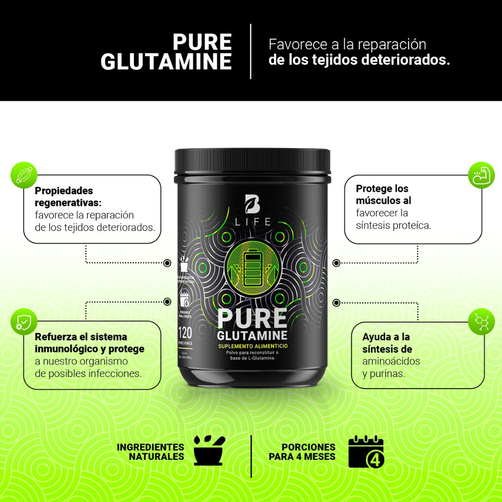 B Life Pure Glutamine 600 Gramos 120 Servicios