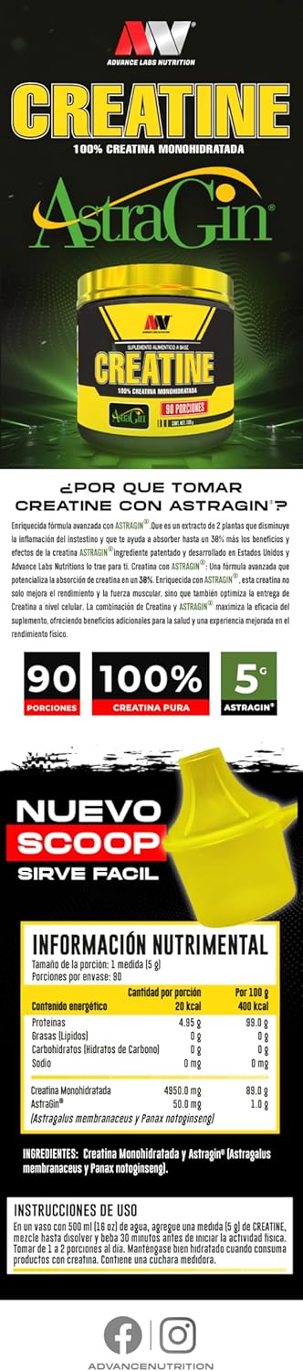Advance Nutrition Creatina + Astragin 450 Gramos 90 Servicios