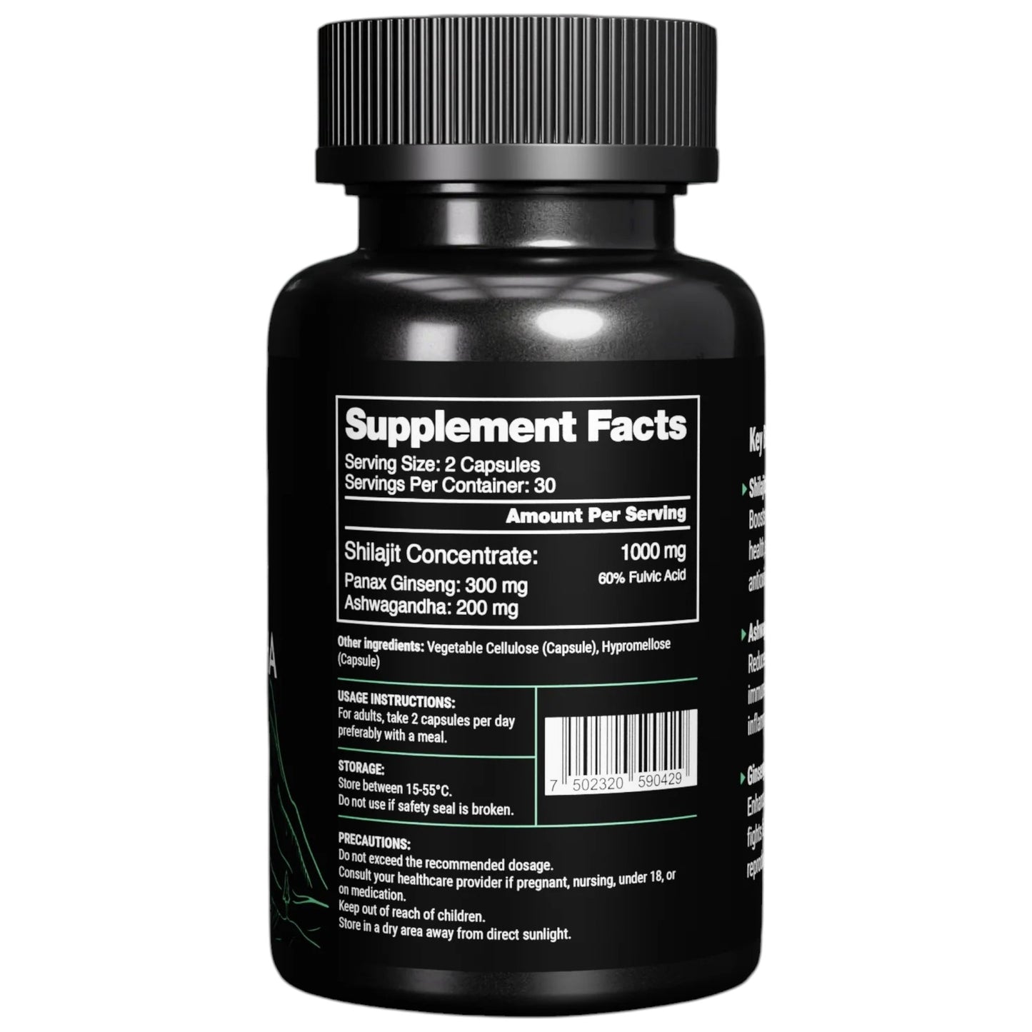 Bloomwell 100% Pure Shilajit, Ashwagandha, Ginseng 60 Capsulas