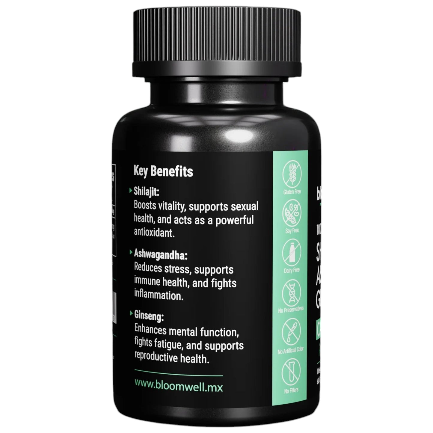 Bloomwell 100% Pure Shilajit, Ashwagandha, Ginseng 60 Capsulas