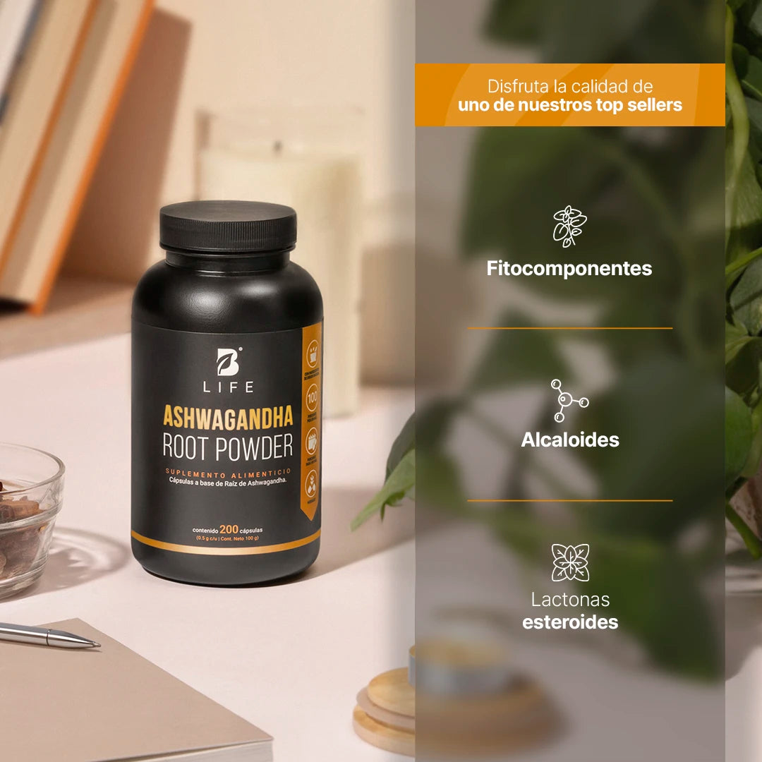 B Life Ashwagandha Root Powder | Raíz de Ashwagandha 200 Capsulas