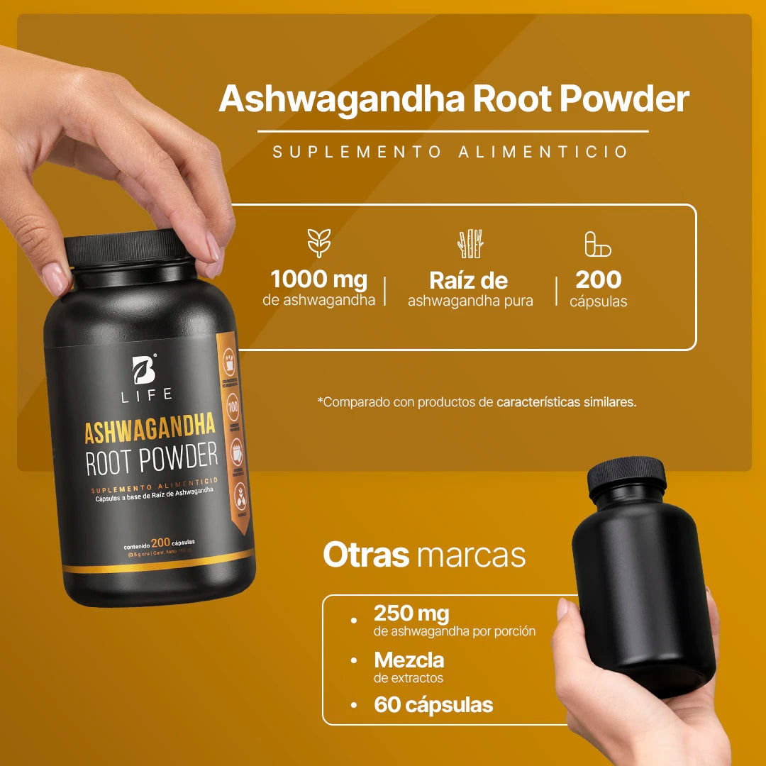 B Life Ashwagandha Root Powder | Raíz de Ashwagandha 200 Capsulas