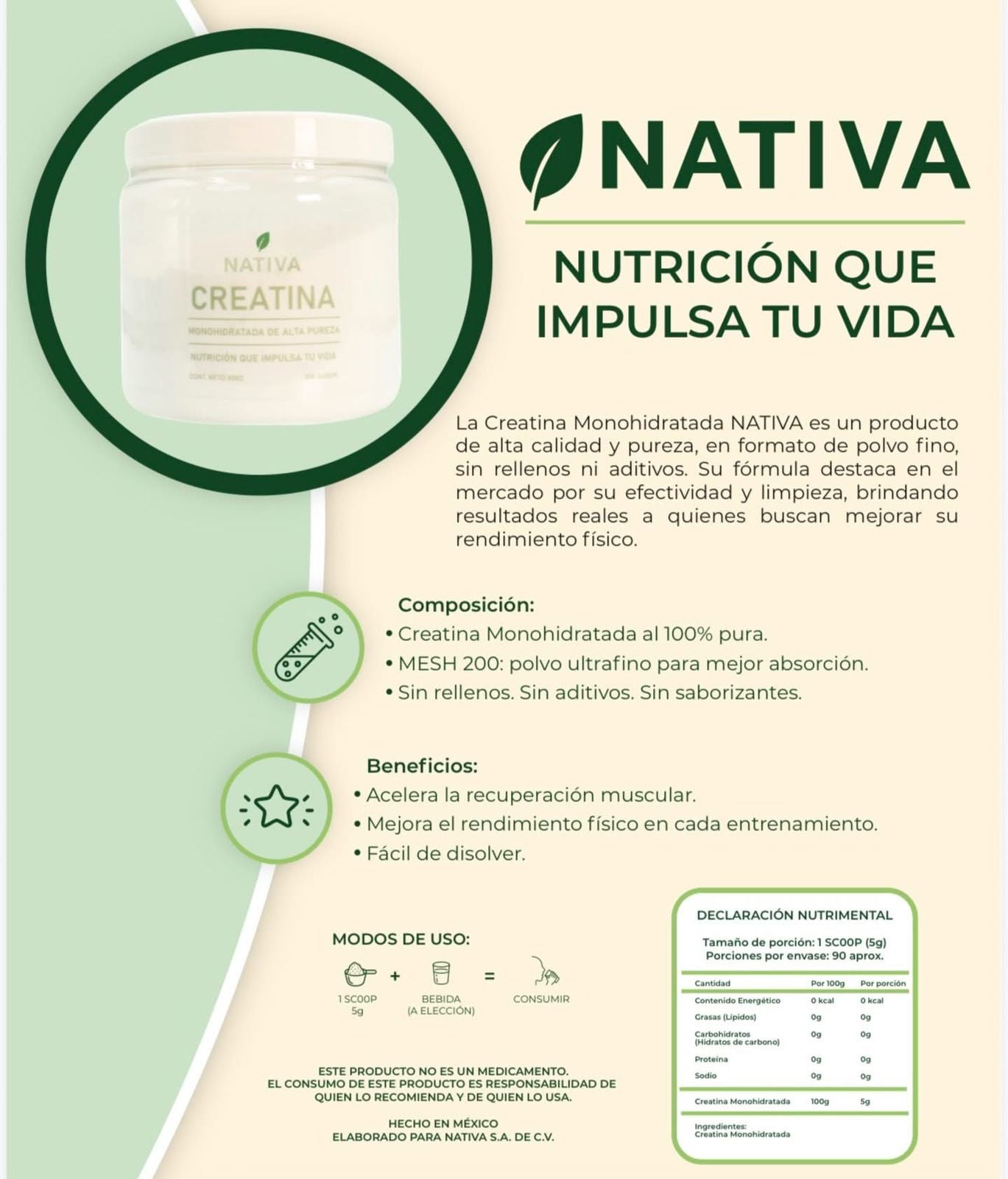 Nativa Creatina Monohidratada 450 Gramos 90 Servicios