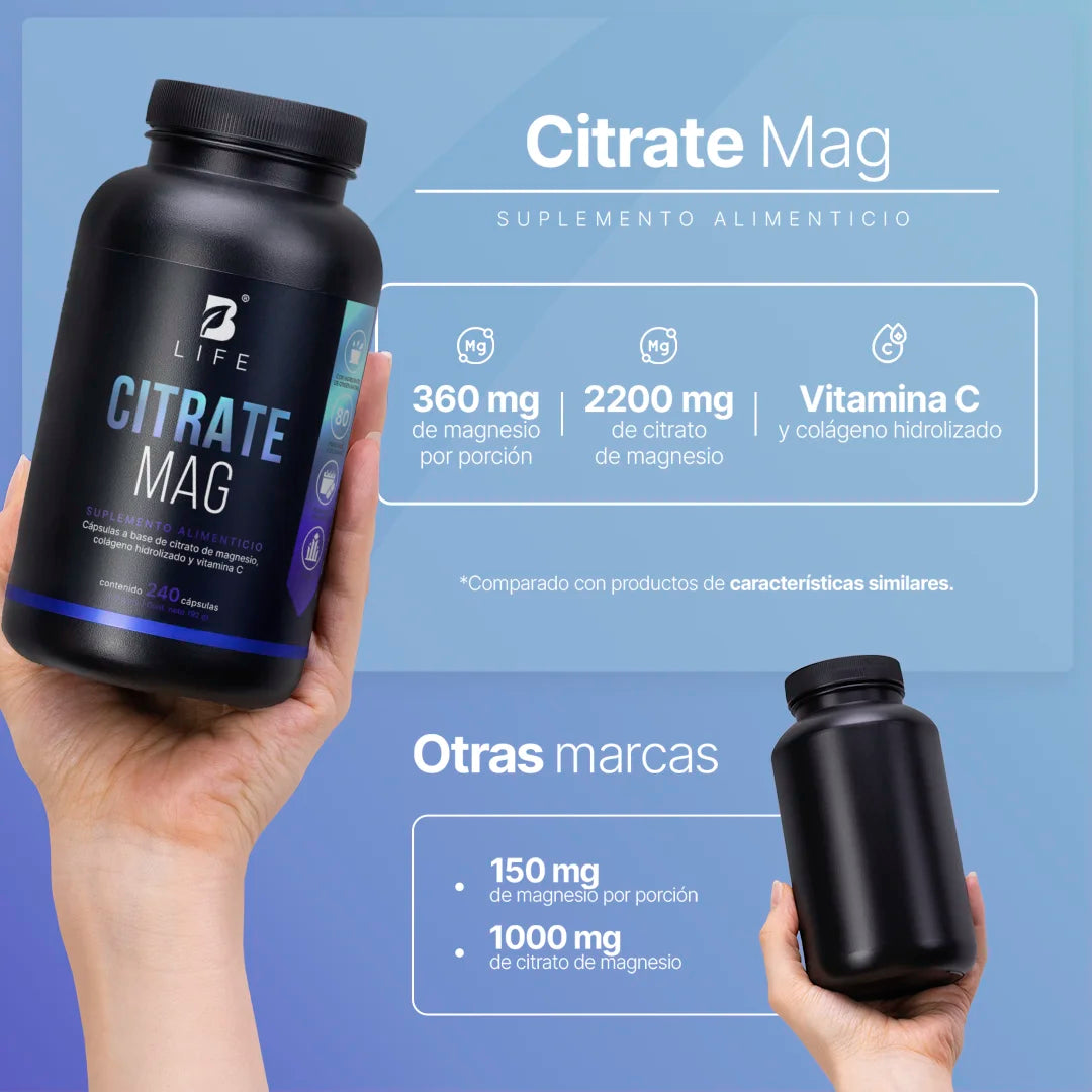 B Life Citrate Mag | Citrato de Magnesio | Nueva Fórmula Potenciada 240 Capsulas