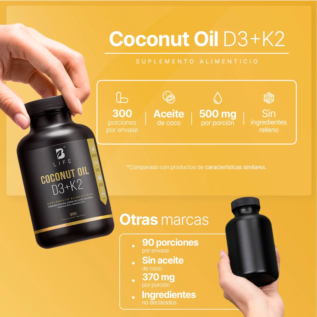 B Life Coconut Oil D3+K2 | Aceite de Coco, Vitamina D3 y K2 300 Capsulas