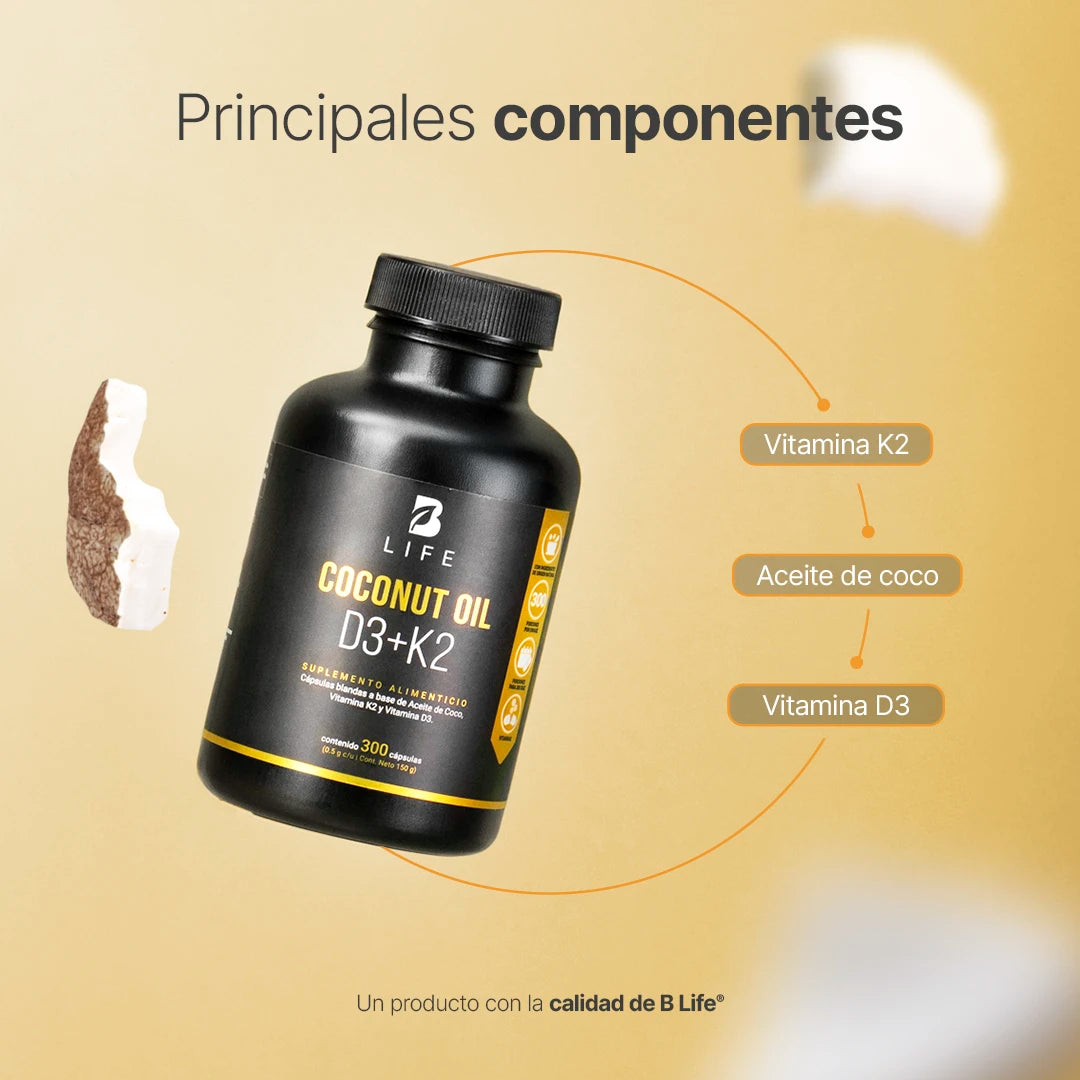 B Life Coconut Oil D3+K2 | Aceite de Coco, Vitamina D3 y K2 300 Capsulas