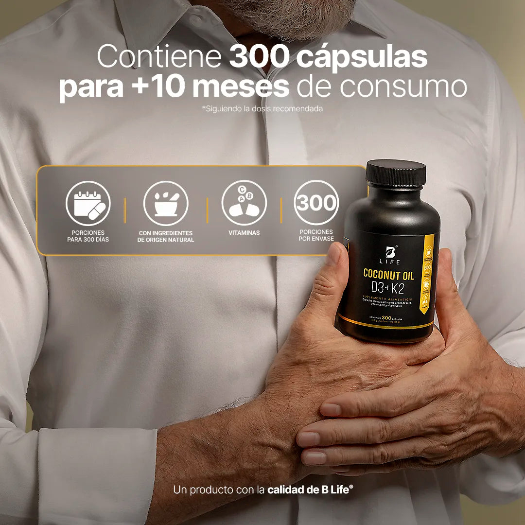 B Life Coconut Oil D3+K2 | Aceite de Coco, Vitamina D3 y K2 300 Capsulas