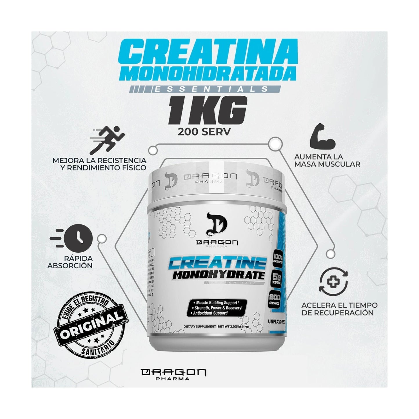 Dragon Pharma Creatine Monohydrate 1 Kg 200 Servicios