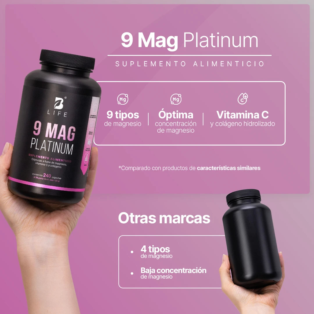 B Life 9 Mag Platinum Complejo de Magnesio con Vitamina C y Colágeno 240 Capsulas