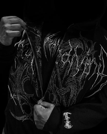 Breathedivinity Oversized Zip-Up Hoodie Grim Reaper Embroidered Ghost