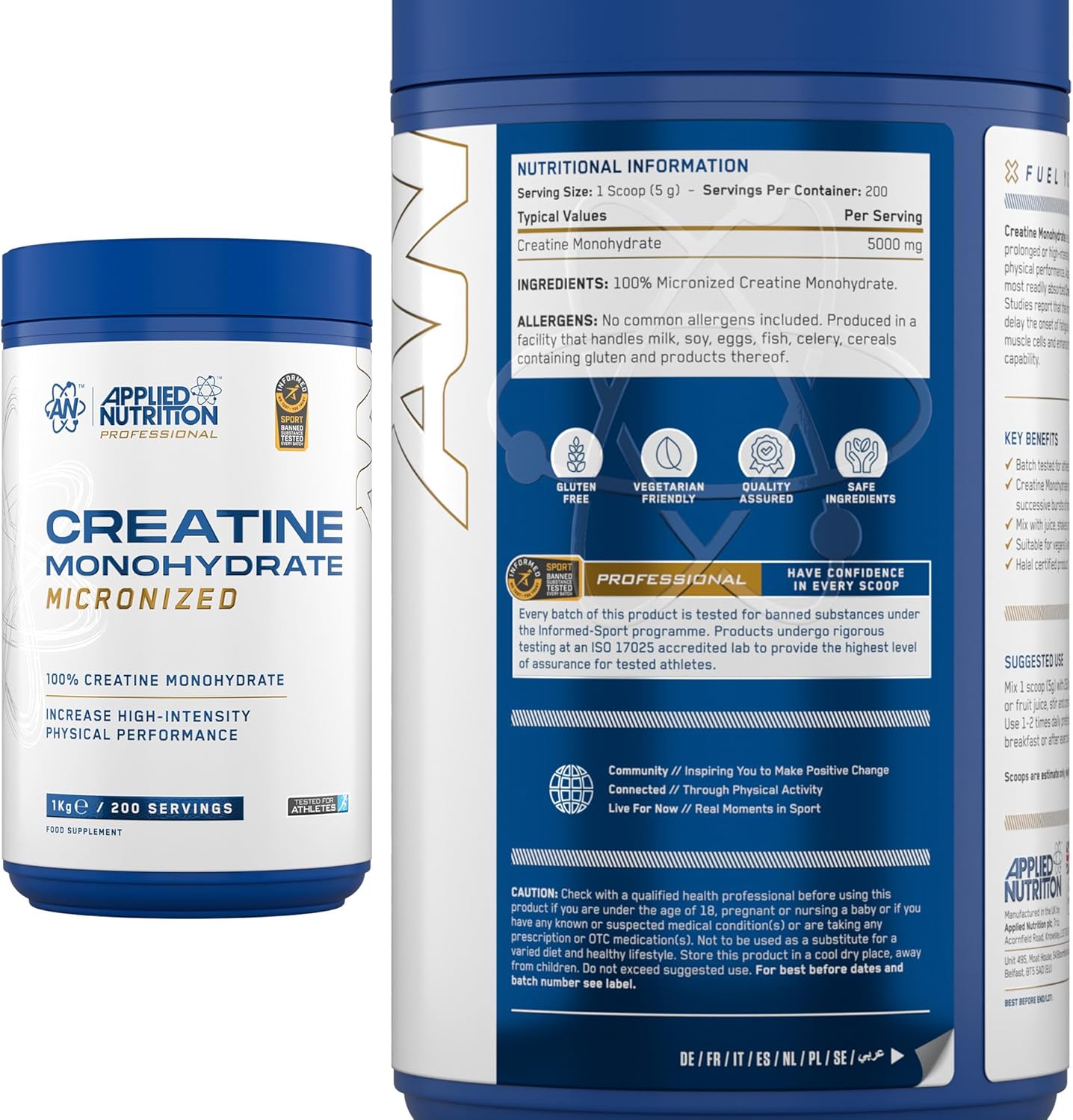 Applied Nutrition Creatine Monohydrate Micronized 1 Kg 200 Servicios