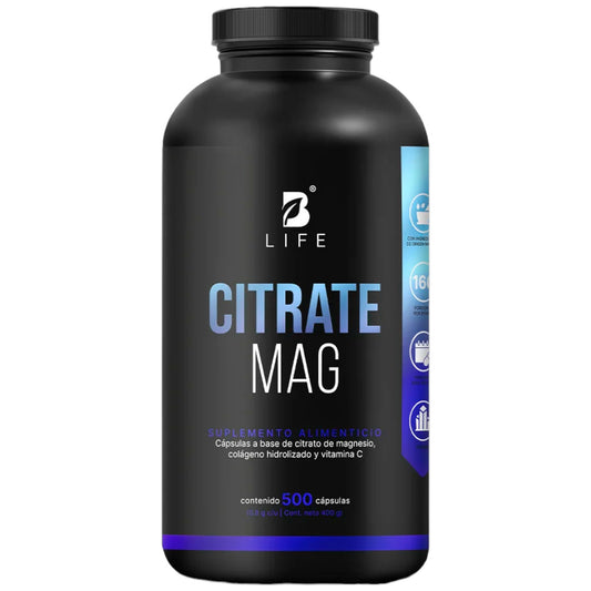 B Life Citrate Mag Formulación con Citrato de Magnesio, Vitamina C y Colágeno 500 Capsulas