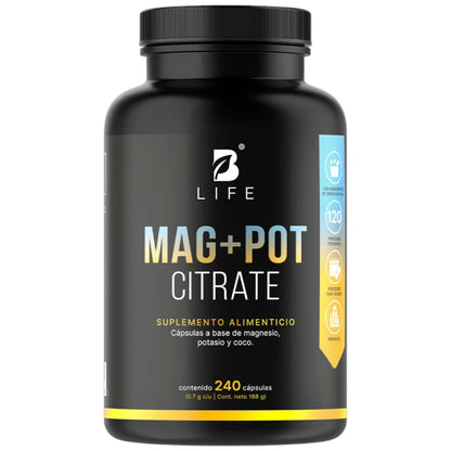 B Life Mag + Pot Citrate Citrato Magnesio, Citrato de Potasio y Coco orgánico 240 Capsulas