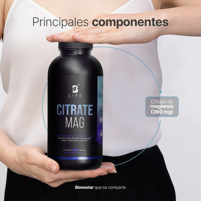 B Life Citrate Mag Formulación con Citrato de Magnesio, Vitamina C y Colágeno 500 Capsulas