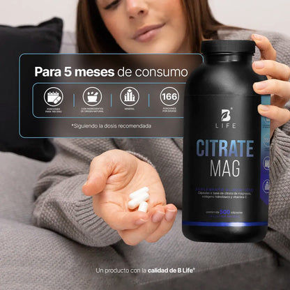B Life Citrate Mag Formulación con Citrato de Magnesio, Vitamina C y Colágeno 500 Capsulas
