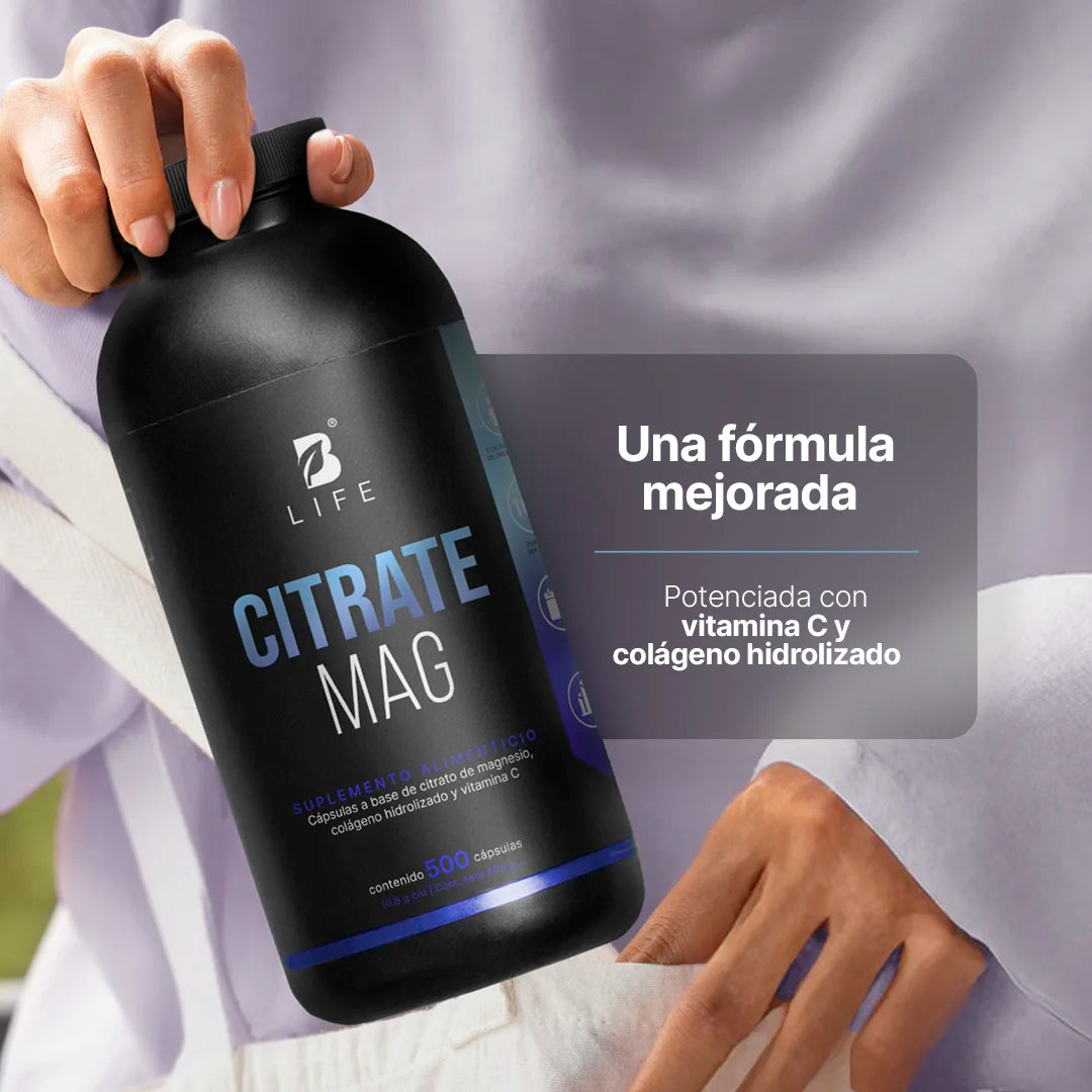 B Life Citrate Mag Formulación con Citrato de Magnesio, Vitamina C y Colágeno 500 Capsulas
