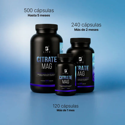 B Life Citrate Mag Formulación con Citrato de Magnesio, Vitamina C y Colágeno 500 Capsulas