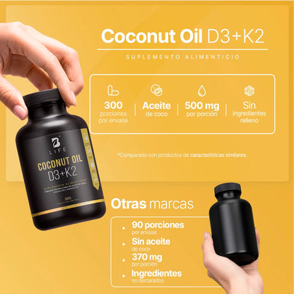 B Life Coconut Oil D3+K2 | Aceite de Coco, Vitamina D3 y K2 300 Capsulas