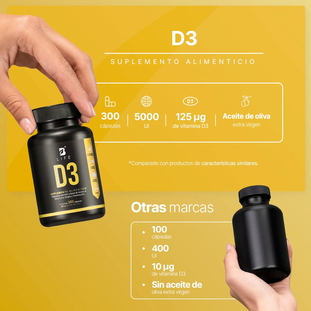 B Life D3 con Aceite de Oliva Extra Virgen 5000 UI 300 Capsulas