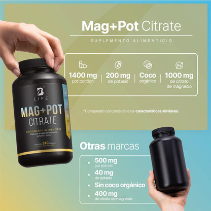 B Life Mag + Pot Citrate Citrato Magnesio, Citrato de Potasio y Coco orgánico 240 Capsulas