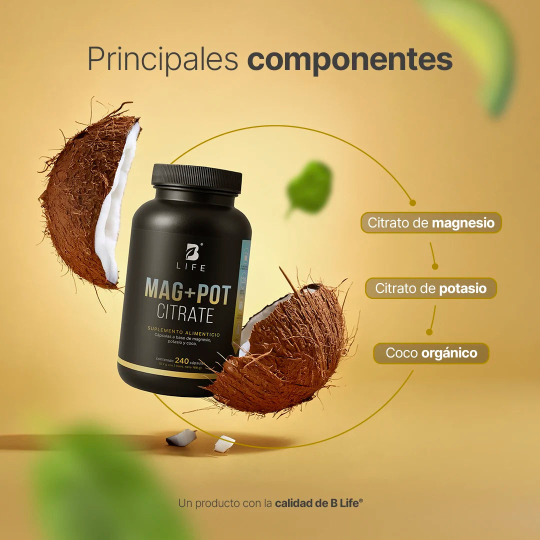 B Life Mag + Pot Citrate Citrato Magnesio, Citrato de Potasio y Coco orgánico 240 Capsulas