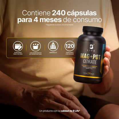 B Life Mag + Pot Citrate Citrato Magnesio, Citrato de Potasio y Coco orgánico 240 Capsulas