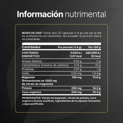 B Life Mag + Pot Citrate Citrato Magnesio, Citrato de Potasio y Coco orgánico 240 Capsulas