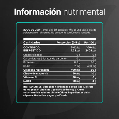 B Life NADH Blend | NADH, Colágeno Hidrolizado y Vitamina C 180 Capsulas